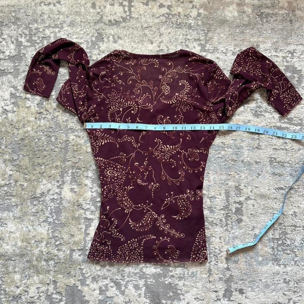 VTG y2k ruched v neck berry gold floral pattern longsleeve top fairy burgandy - Picture 6 of 6